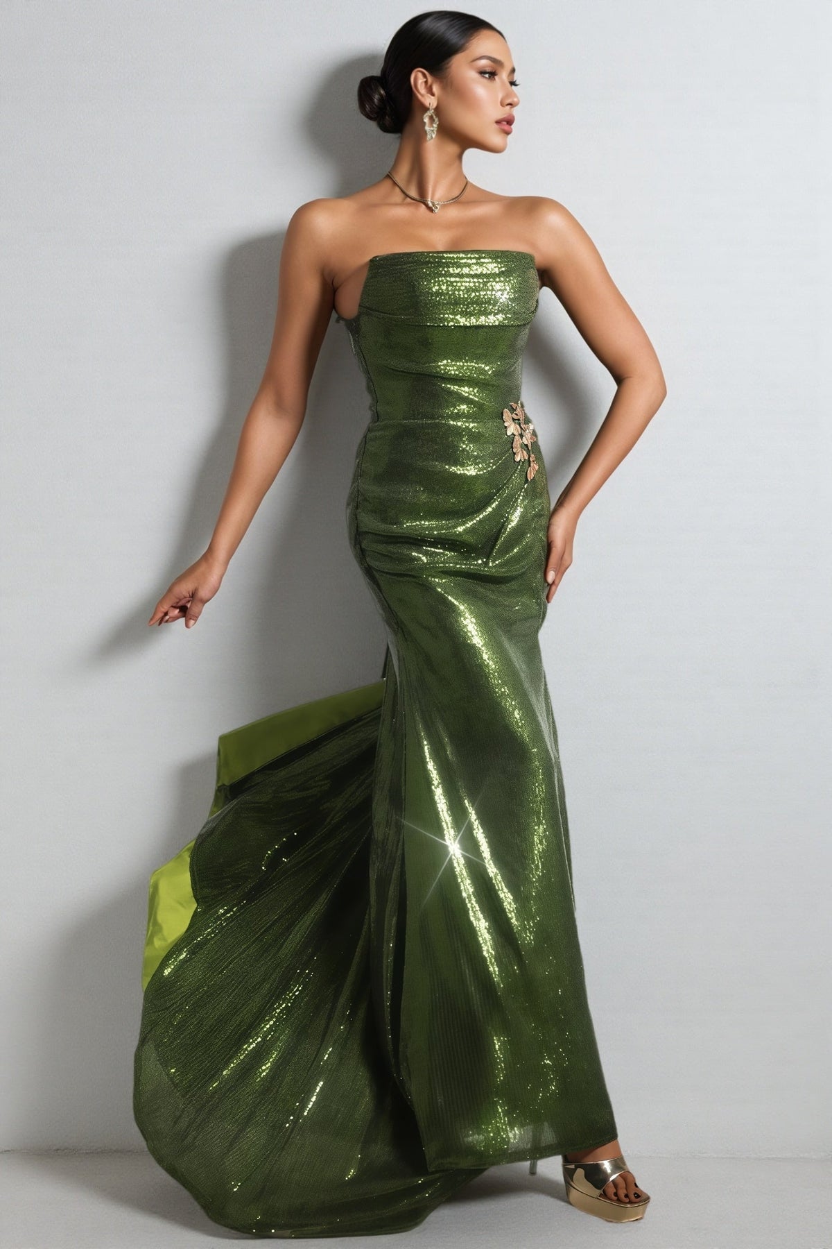 Sequin Strapless Ruched High Split Formal Maxi Gown 3