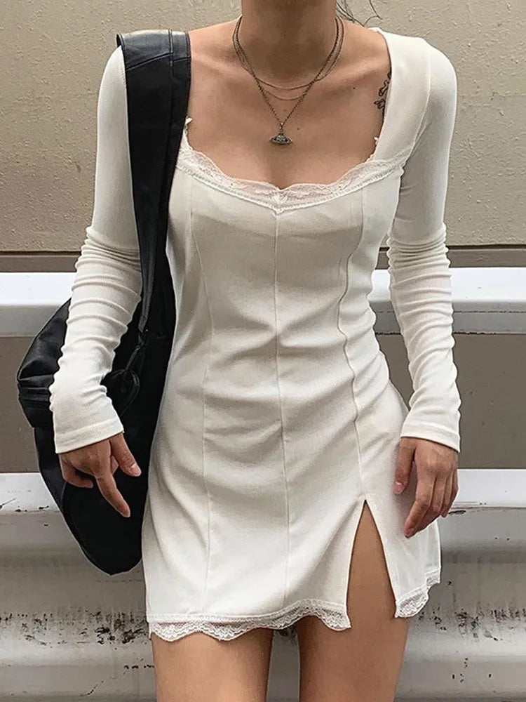 Lace Trim Square Neck Long Sleeve Side Split Bodycon Mini Dress 4