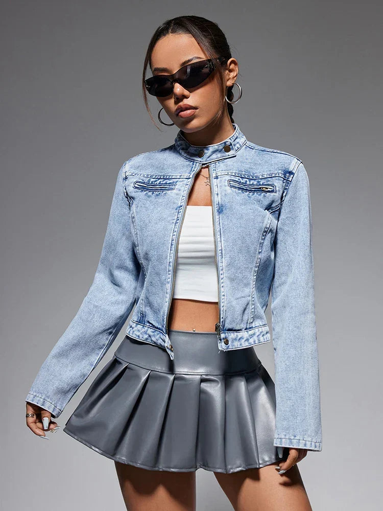 Streetwear Denim Cropped Gothic Button Ripped Bomber Long Sleeve Jacket Blue / Xs