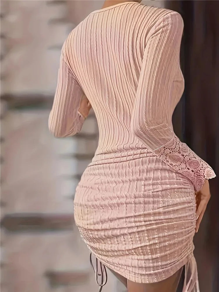 Spring ONeck Hem Drawstring Office Lace Dress