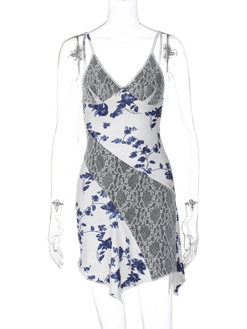 Streetwear Women Sleeveless Backless Asymmetrical Lace Dress