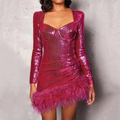 Feather Sequin Square Collar Party Dress Rose Red / S Partydress-241208