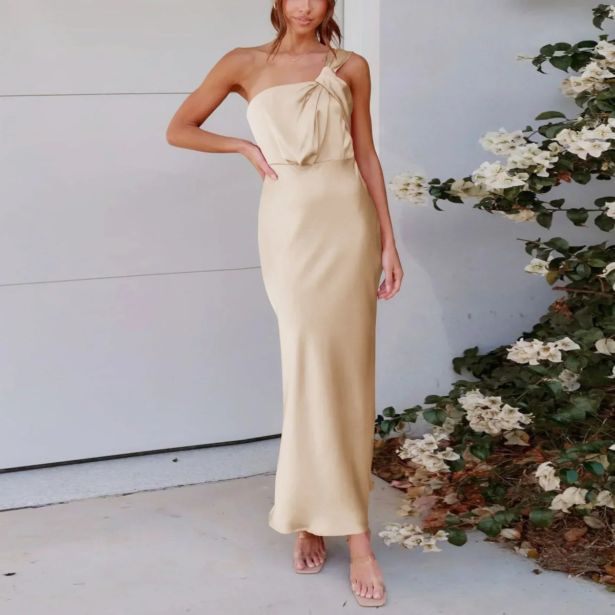 Satin One Shoulder Pleated Bodice Column Maxi Dress