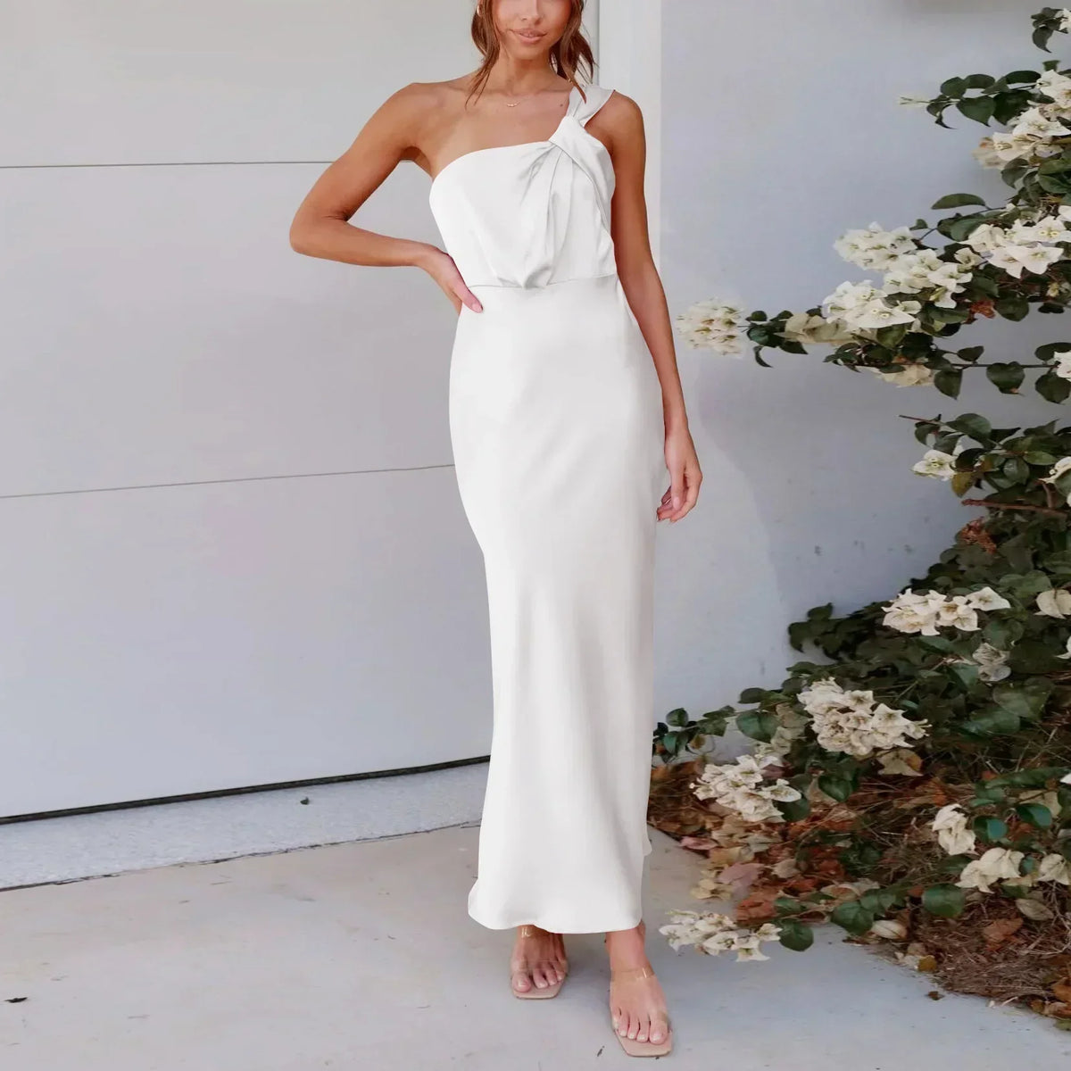 Satin One Shoulder Pleated Bodice Column Maxi Dress 6