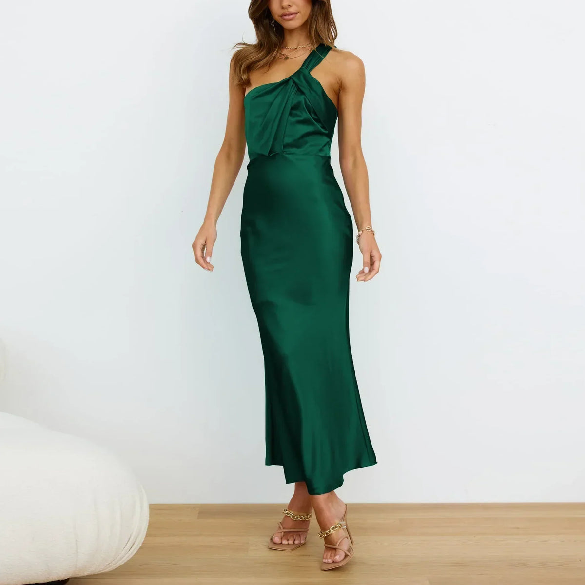 Satin One Shoulder Pleated Bodice Column Maxi Dress 5
