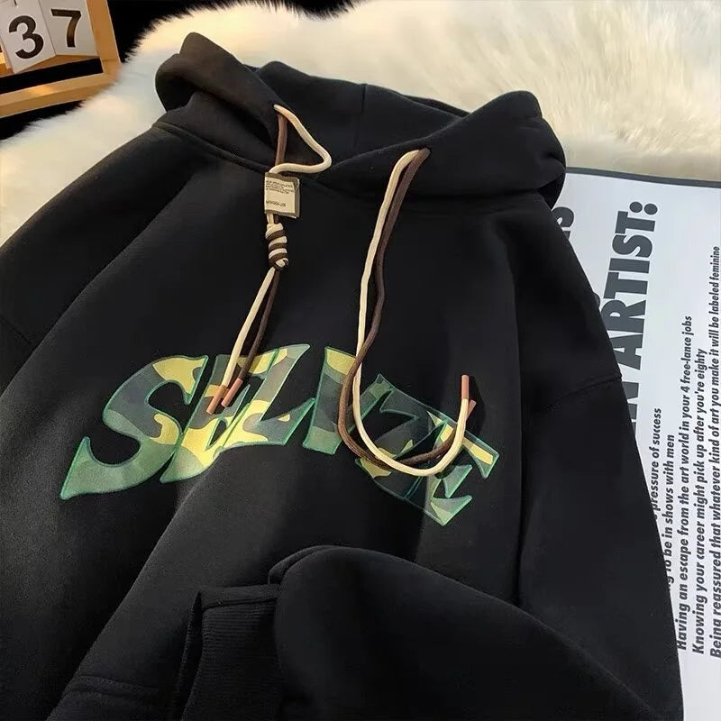 Camouflage Letter Print Fleece Lined Drawstring Hoodie 5