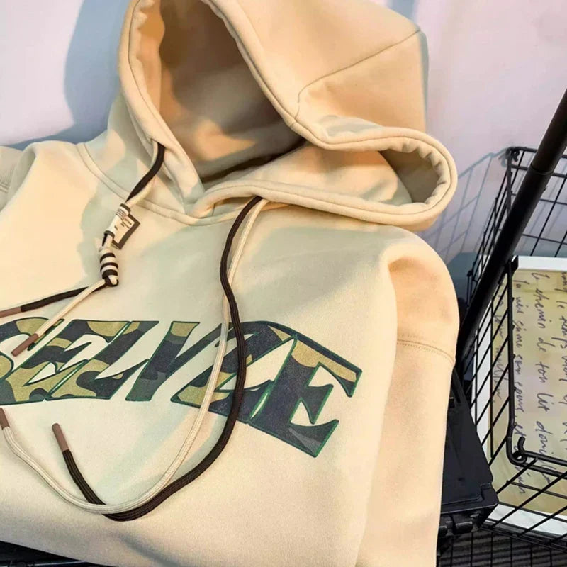 Camouflage Letter Print Fleece Lined Drawstring Hoodie 6