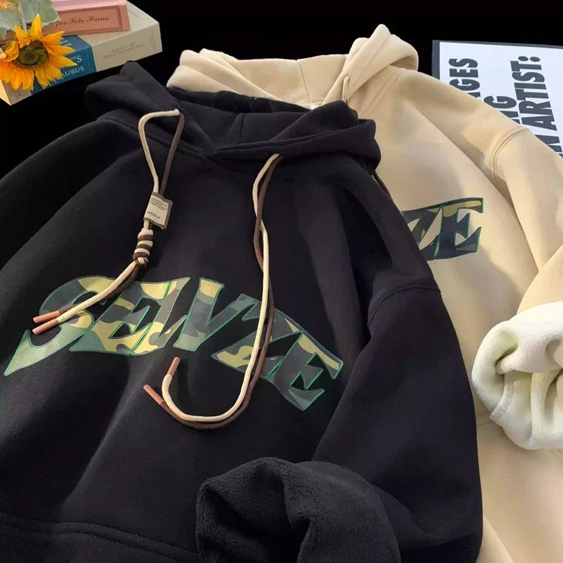 Camouflage Letter Print Fleece Lined Drawstring Hoodie 4