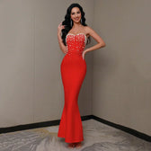 Beading Strapless Ankle-Length Party Dress Red / Xs Partydress-241208