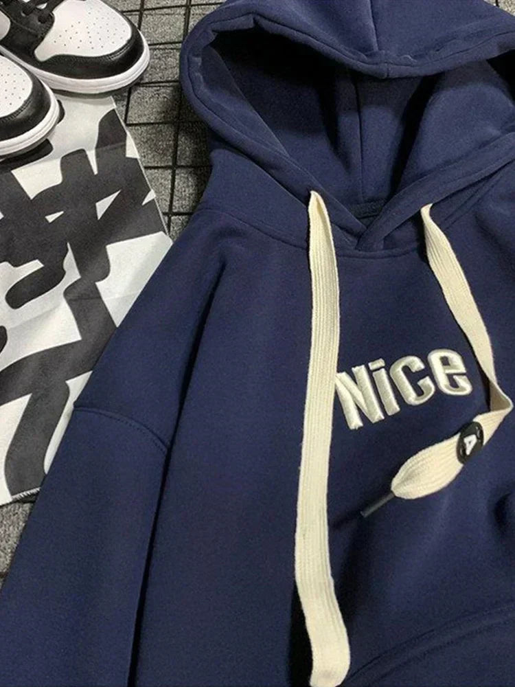 Nice Letter Embroidered Wide Drawstring Fleece Lined Hoodie 10