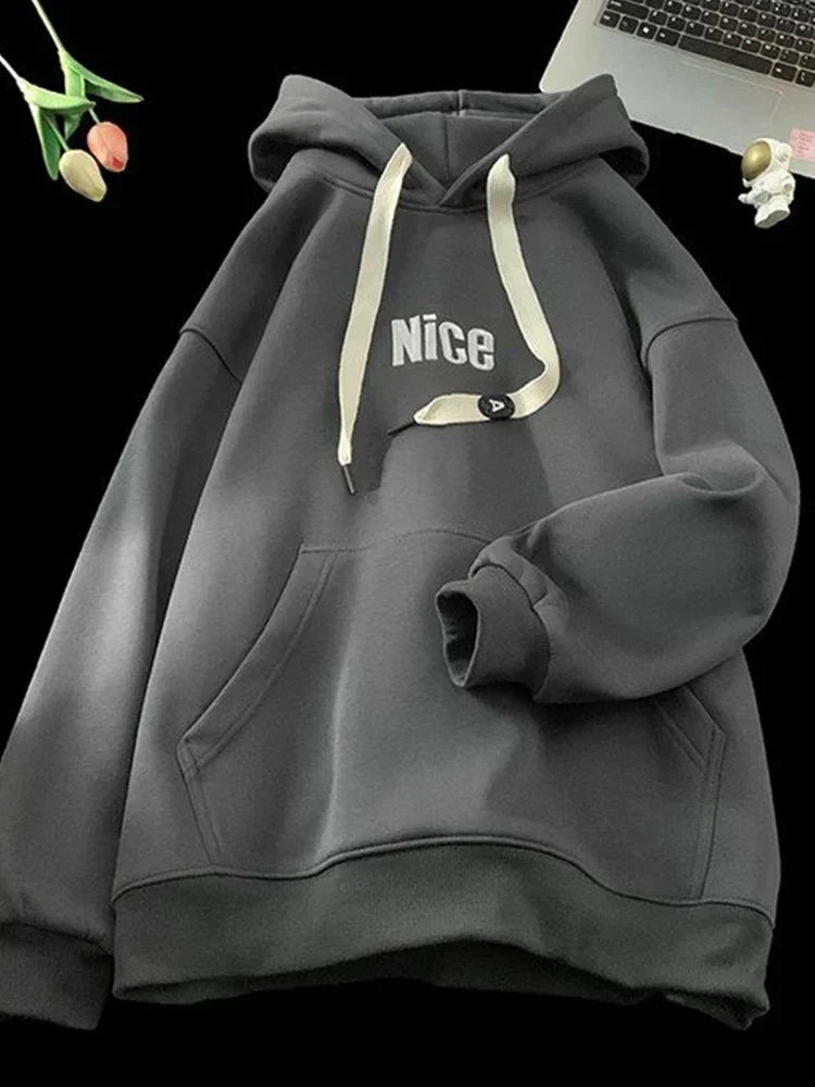 Nice Letter Embroidered Wide Drawstring Fleece Lined Hoodie 9