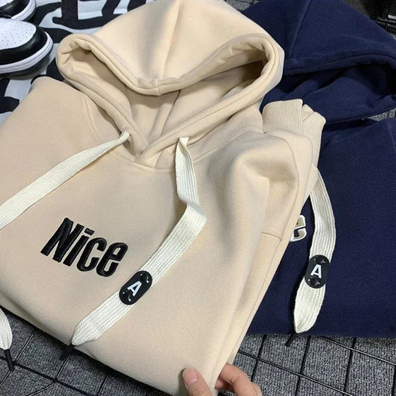 Nice Letter Embroidered Wide Drawstring Fleece Lined Hoodie 3