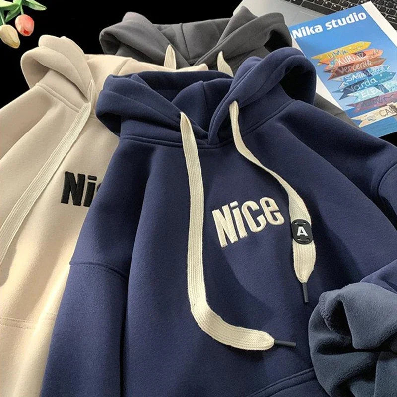 Nice Letter Embroidered Wide Drawstring Fleece Lined Hoodie