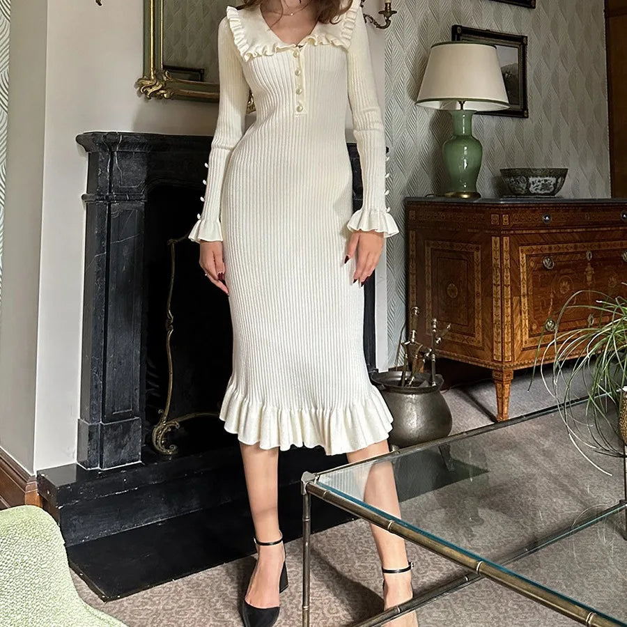 Ruffled Longsleeved Vintage Highwaisted French Creamy White Midi Dresses