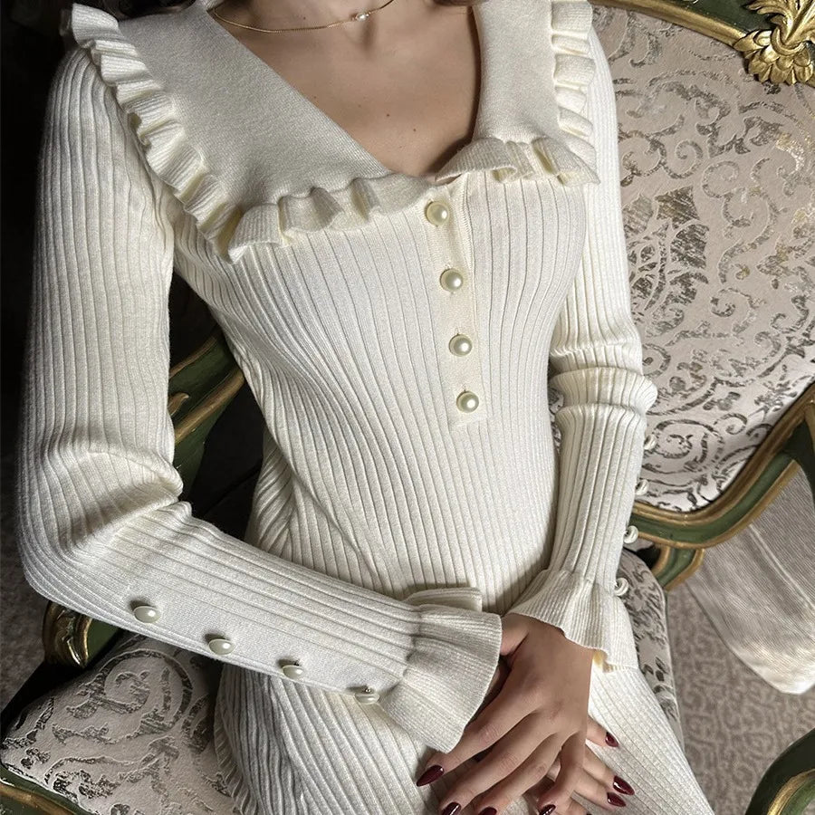 Ruffled Longsleeved Vintage Highwaisted French Creamy White Midi Dresses