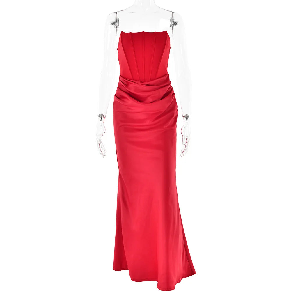Strapless Corset Bodice Draped Waist Satin Mermaid Maxi Dress 8