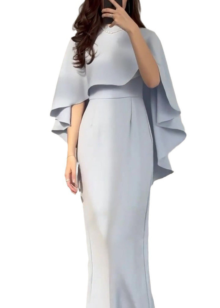 Cape Overlay Round Neck Column Floor Length Gown