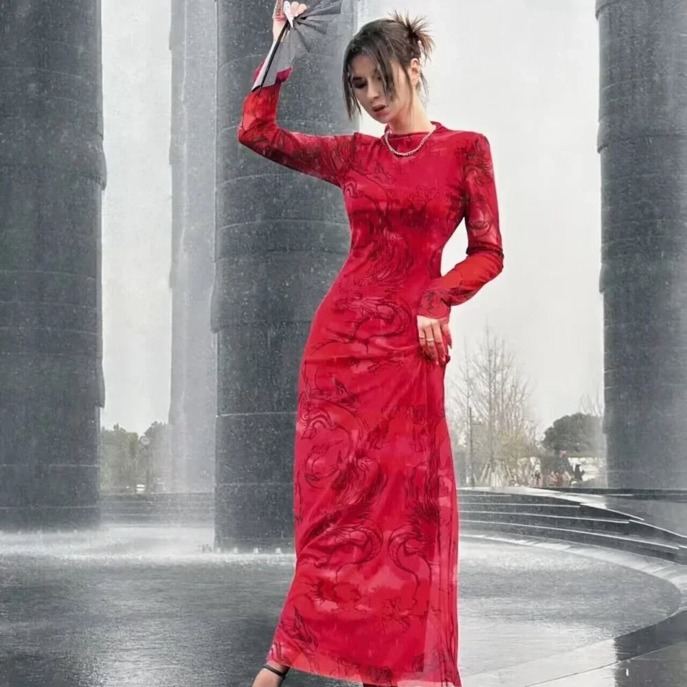 Versatile Limited Printed Screen Dress Fashion Style Year Loong Party Dress