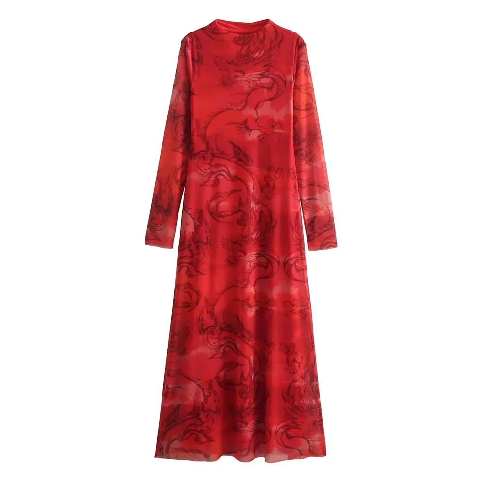 Versatile Limited Printed Screen Dress Fashion Style Year Loong Party Dress