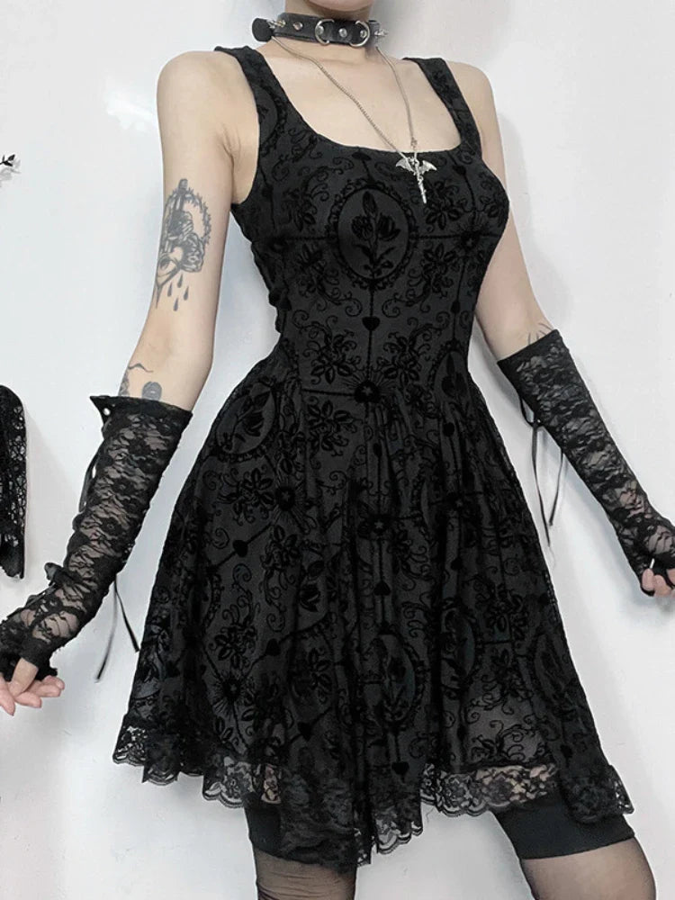 Summer New Harajuku Retro Wrapped Hip Mini Dress Y2K Vintage Gothic Punk Dark Style Tie Up ALine Dress