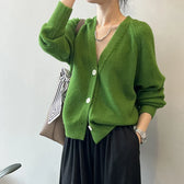 V-Neck Single Button Knitted Green Cape Women Sweater