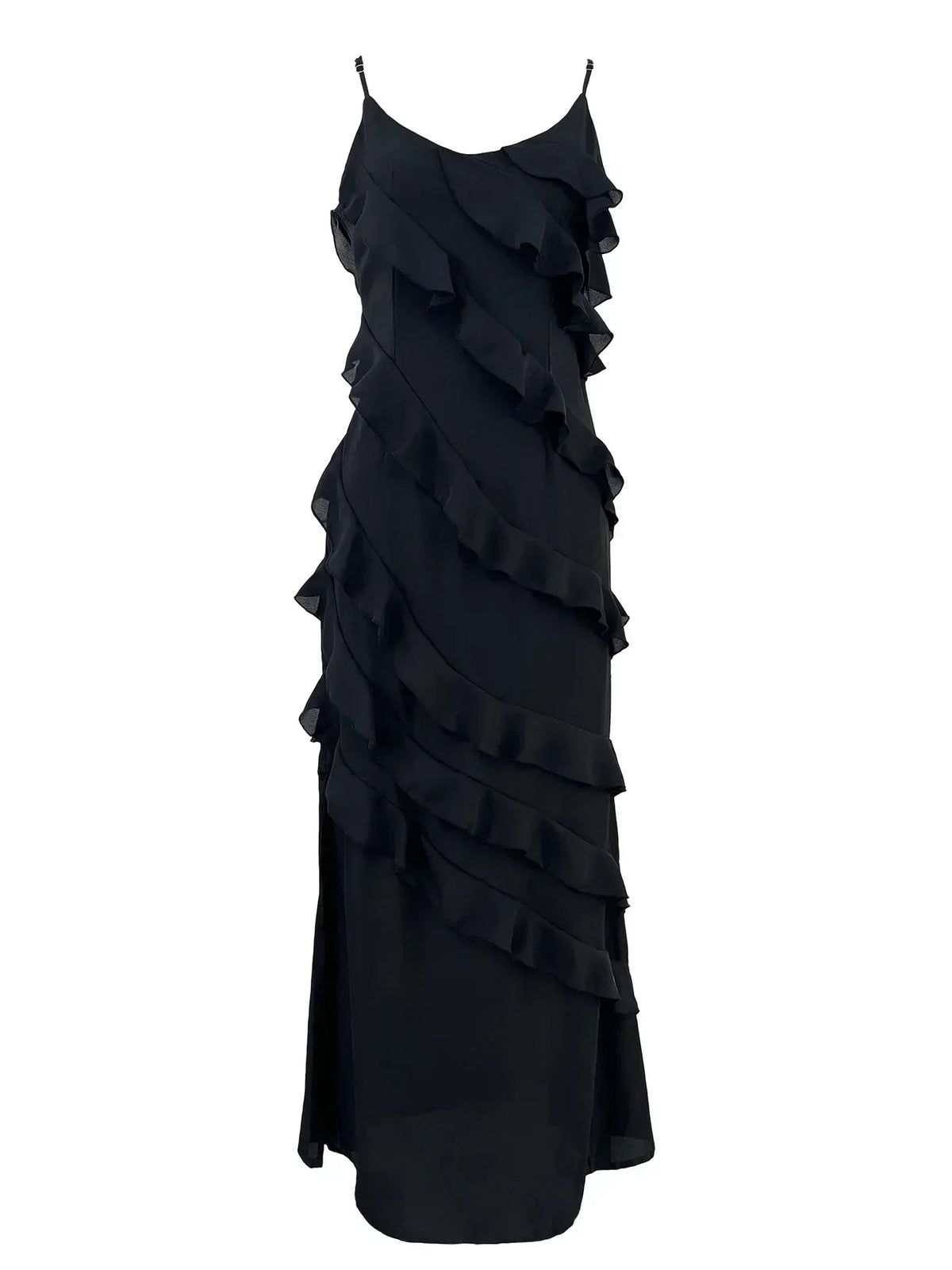 Spaghetti Strap Diagonal Ruffle Trim Tiered Maxi Dress 5