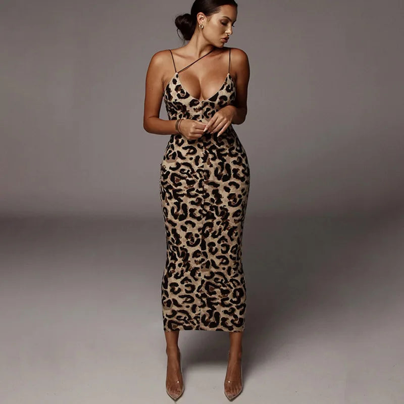 Leopard Print Sleeveless Vneck Spring Christmas Outfits Midi Dresses