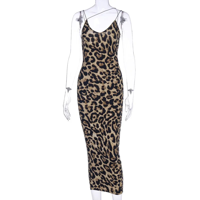 Leopard Print Sleeveless Vneck Spring Christmas Outfits Midi Dresses