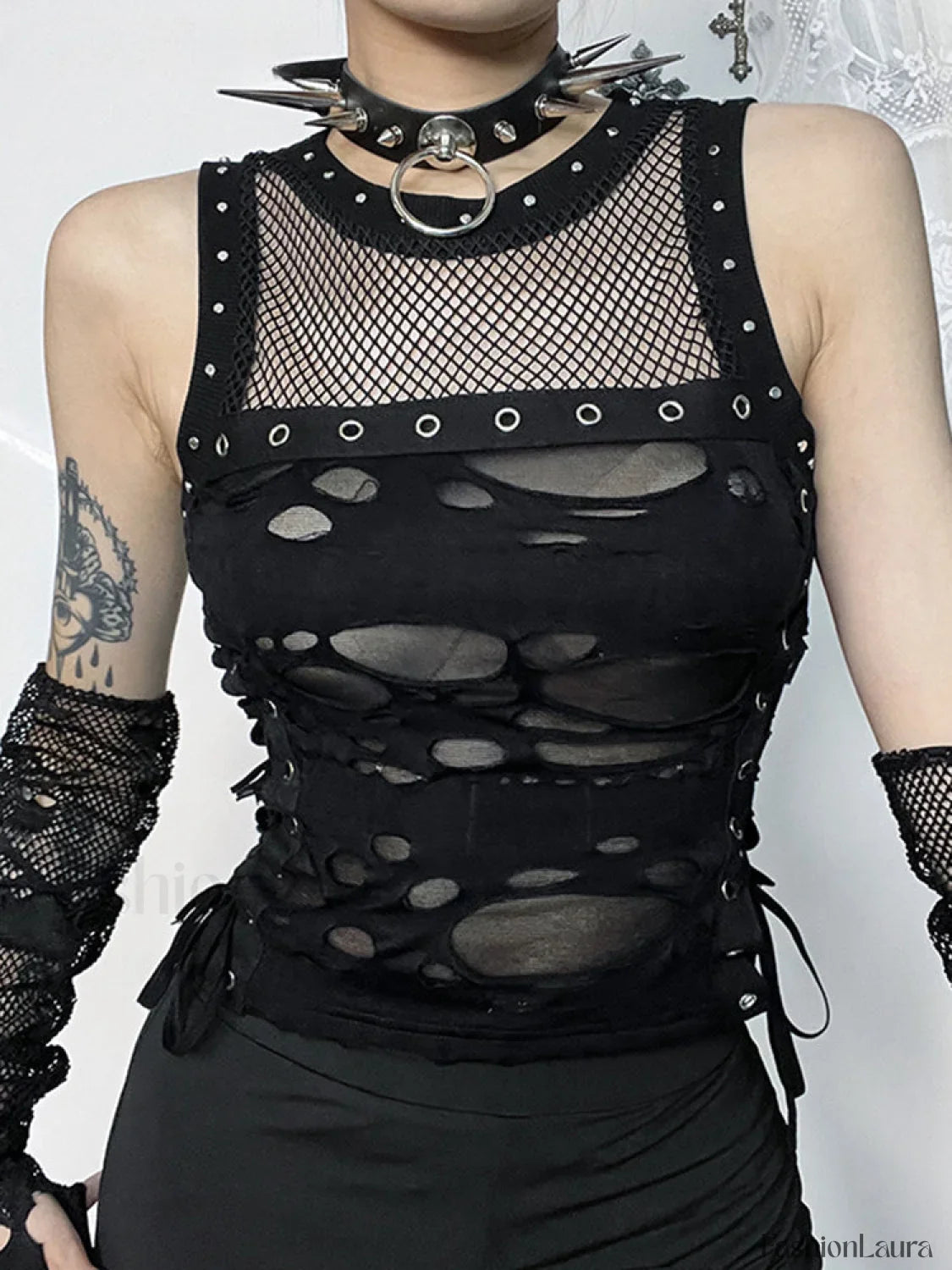 2024 Mall Gothic Sexy Hole See Through Lace-up Streetwear Cyber Punk Rave Crop Top