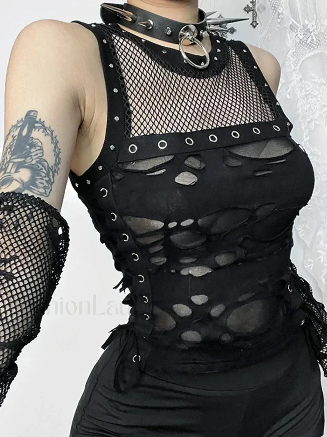 2024 Mall Gothic Sexy Hole See Through Lace-up Streetwear Cyber Punk Rave Crop Top