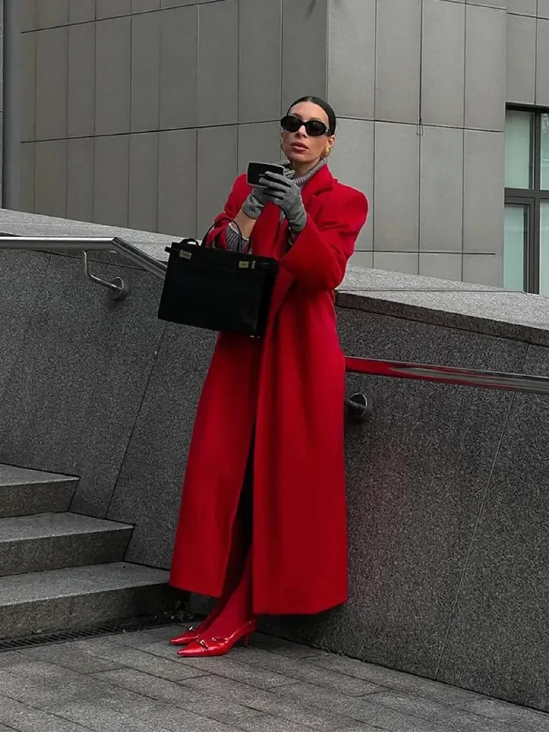 2024 New Red Lapel Woolen Overcoats For Women
