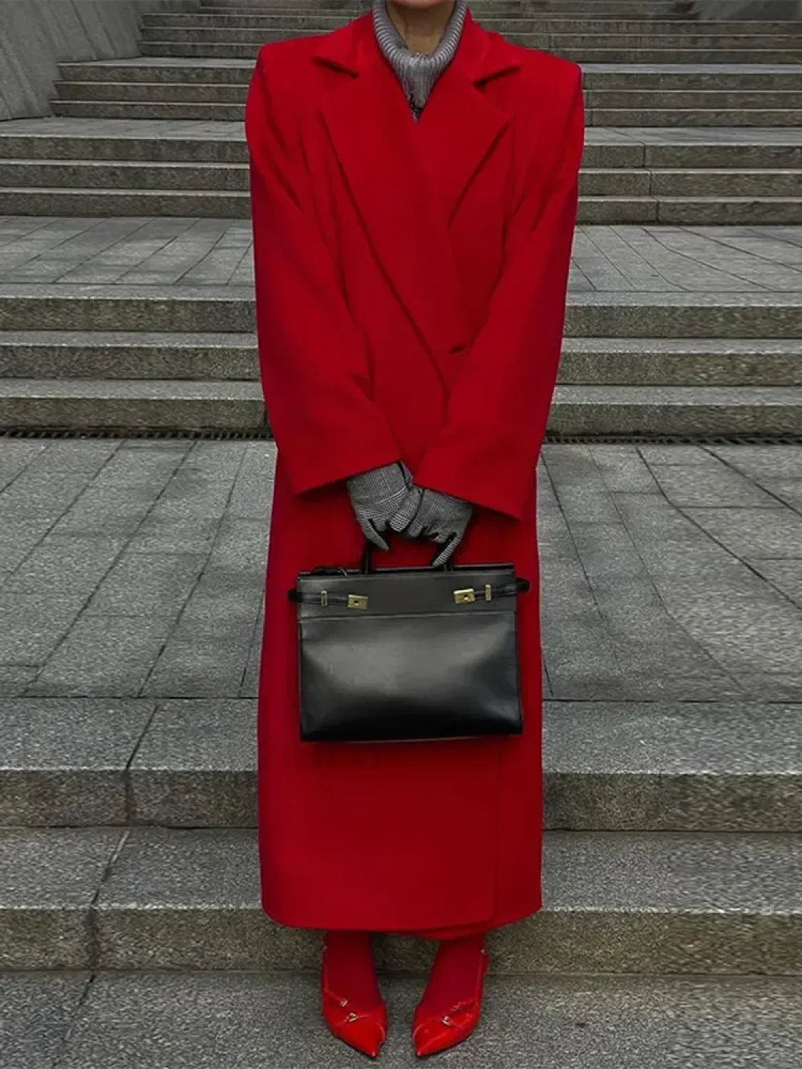 2024 New Red Lapel Woolen Overcoats For Women