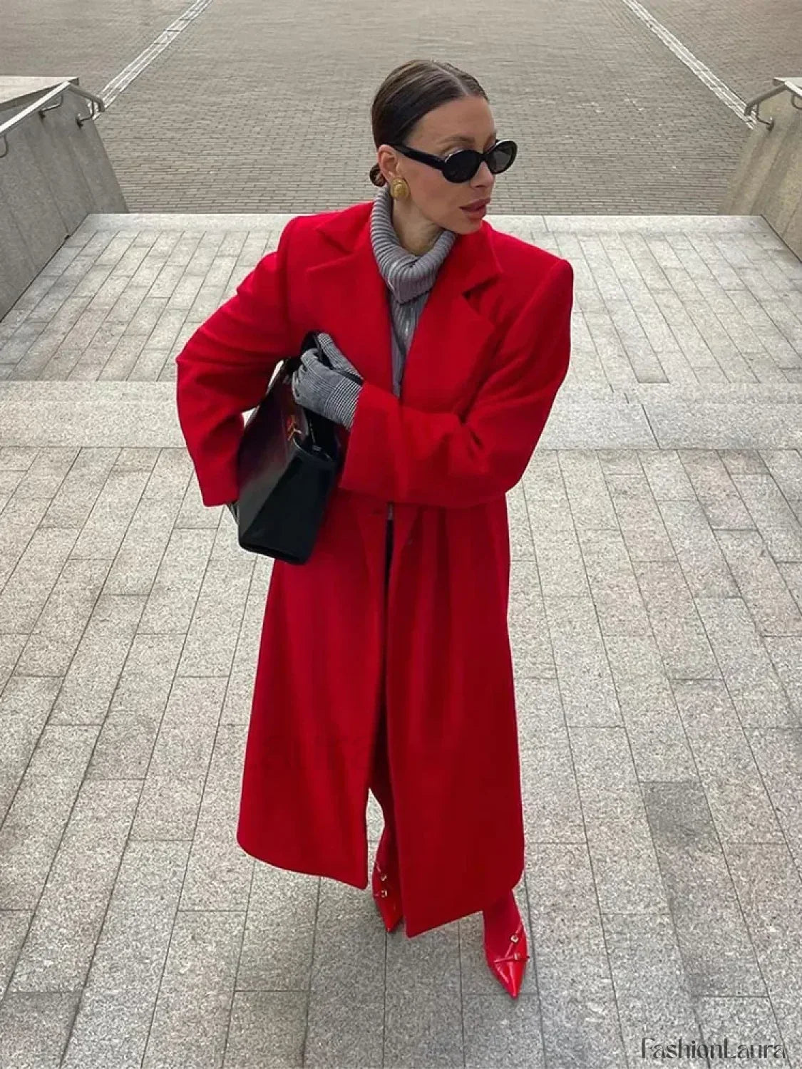 2024 New Red Lapel Woolen Overcoats For Women