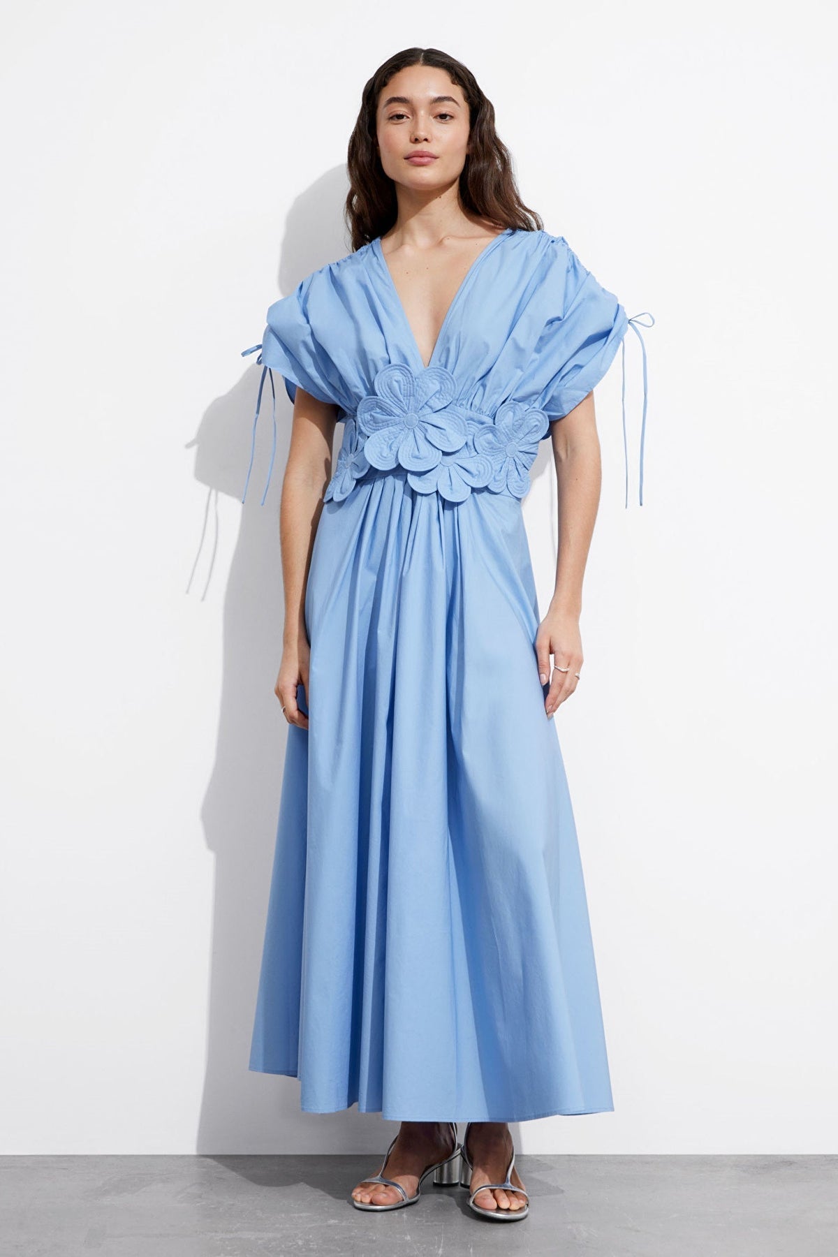 Floral Applique Waist V-Neck Tie Short Sleeve Maxi Dress