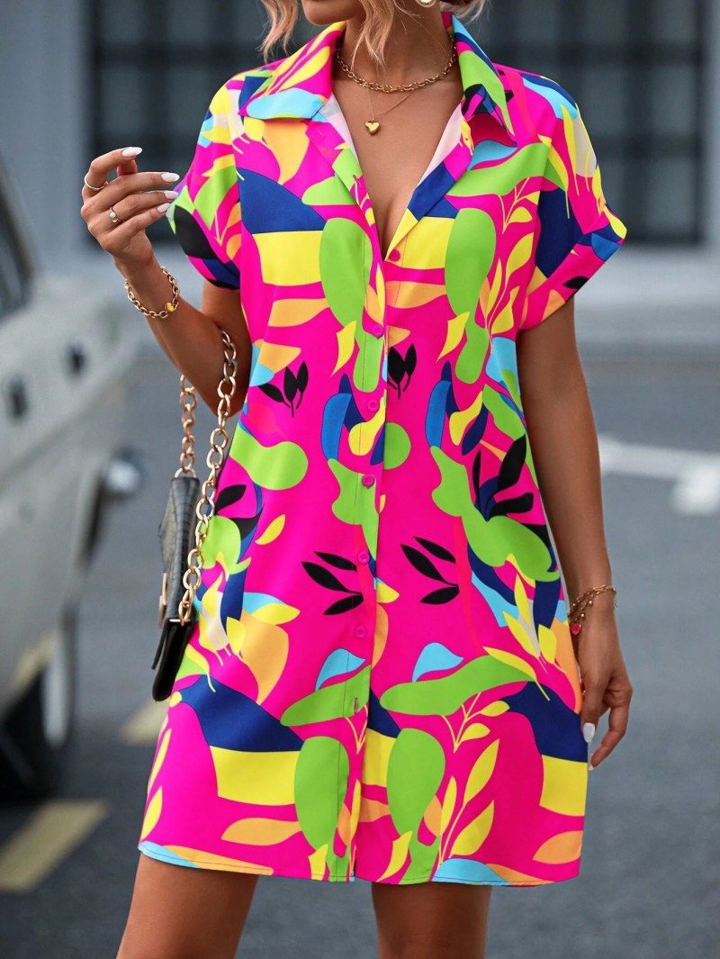 Millie - Effortlessly Chic Printed Shirt Dress Rose Red