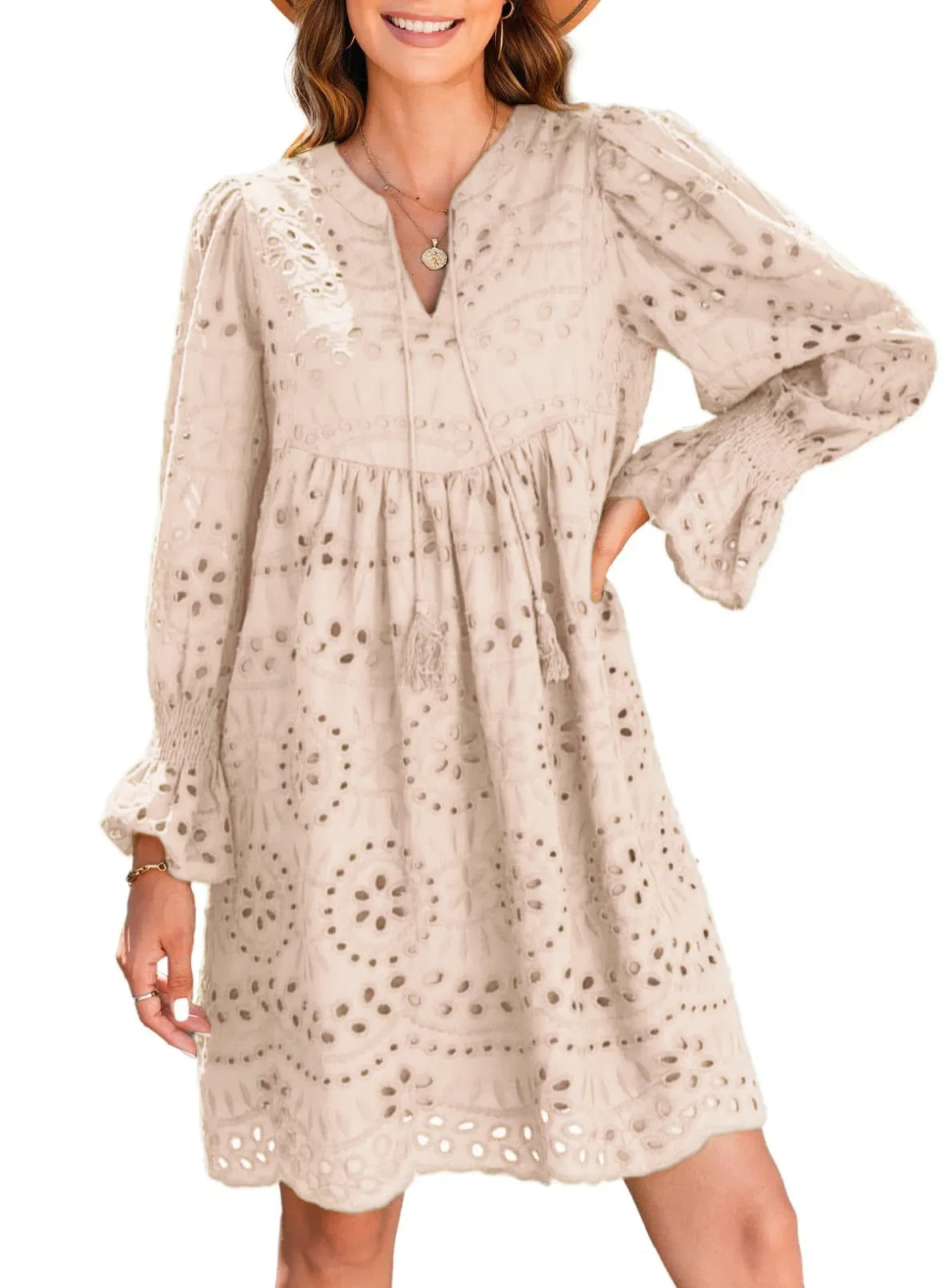Kirelle - Breathable V-Neck Skirt Dress Apricot