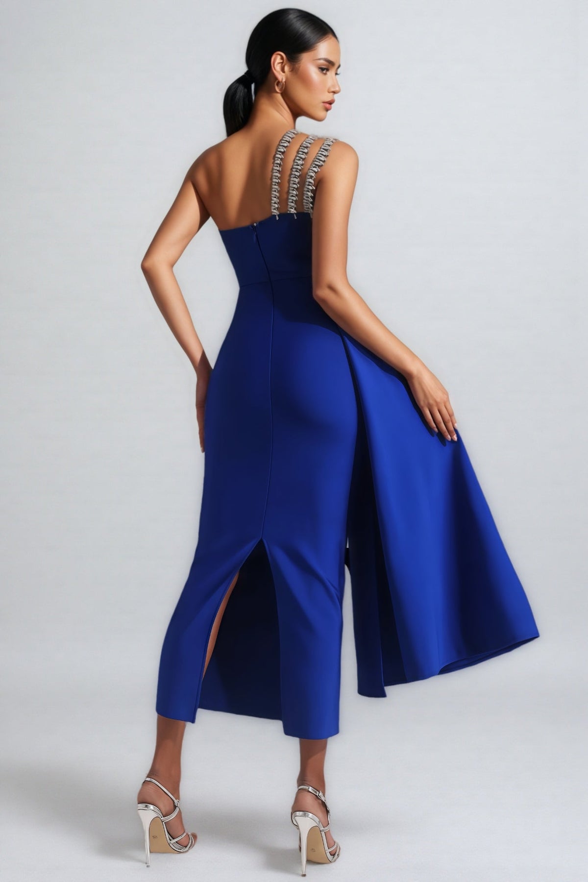 One Shoulder Rhinestone Strap Side Drape Bodycon Midi Dress 5