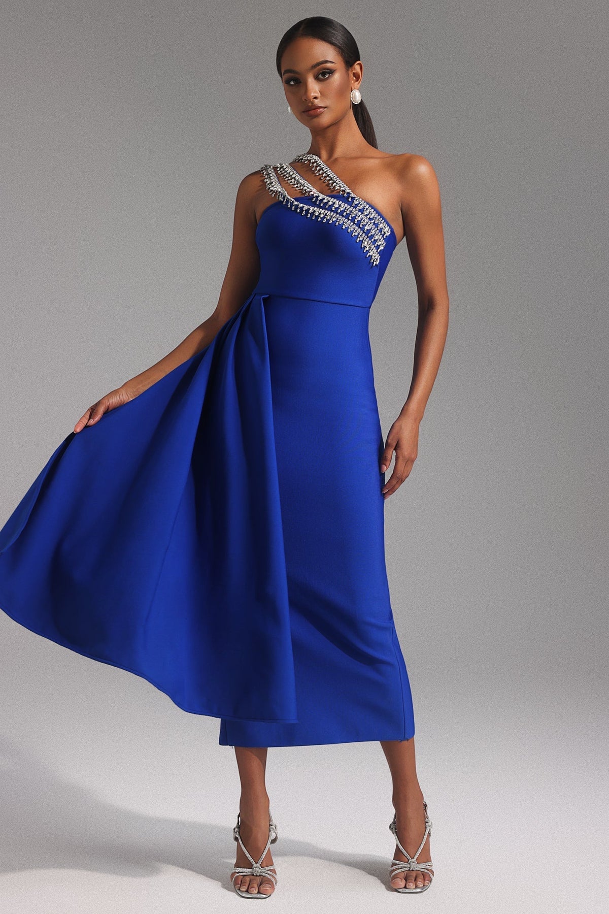 One Shoulder Rhinestone Fringe Strap Bandage Draped Maxi Dress 2