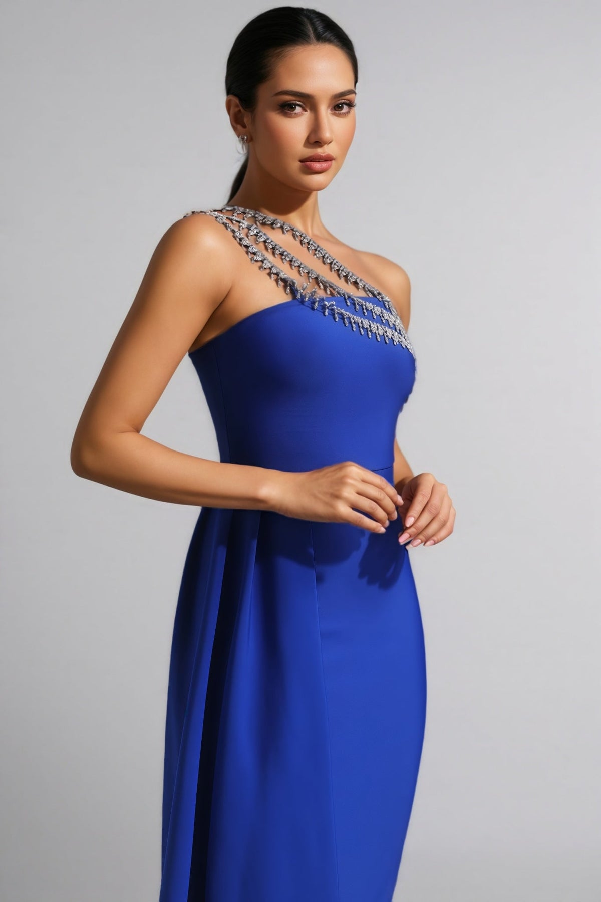 One Shoulder Rhinestone Strap Side Drape Bodycon Midi Dress 3