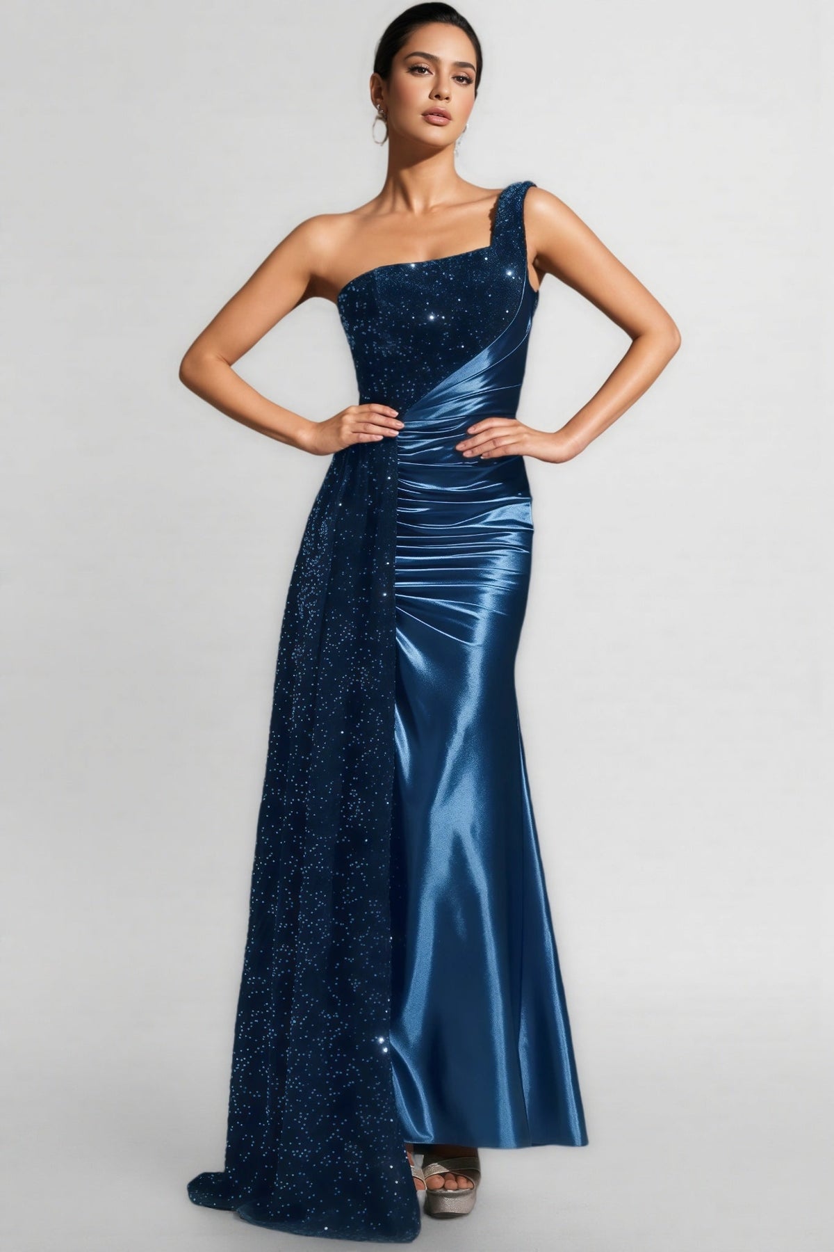 One Shoulder Ruched Satin Sequin Side Drape Maxi Gown