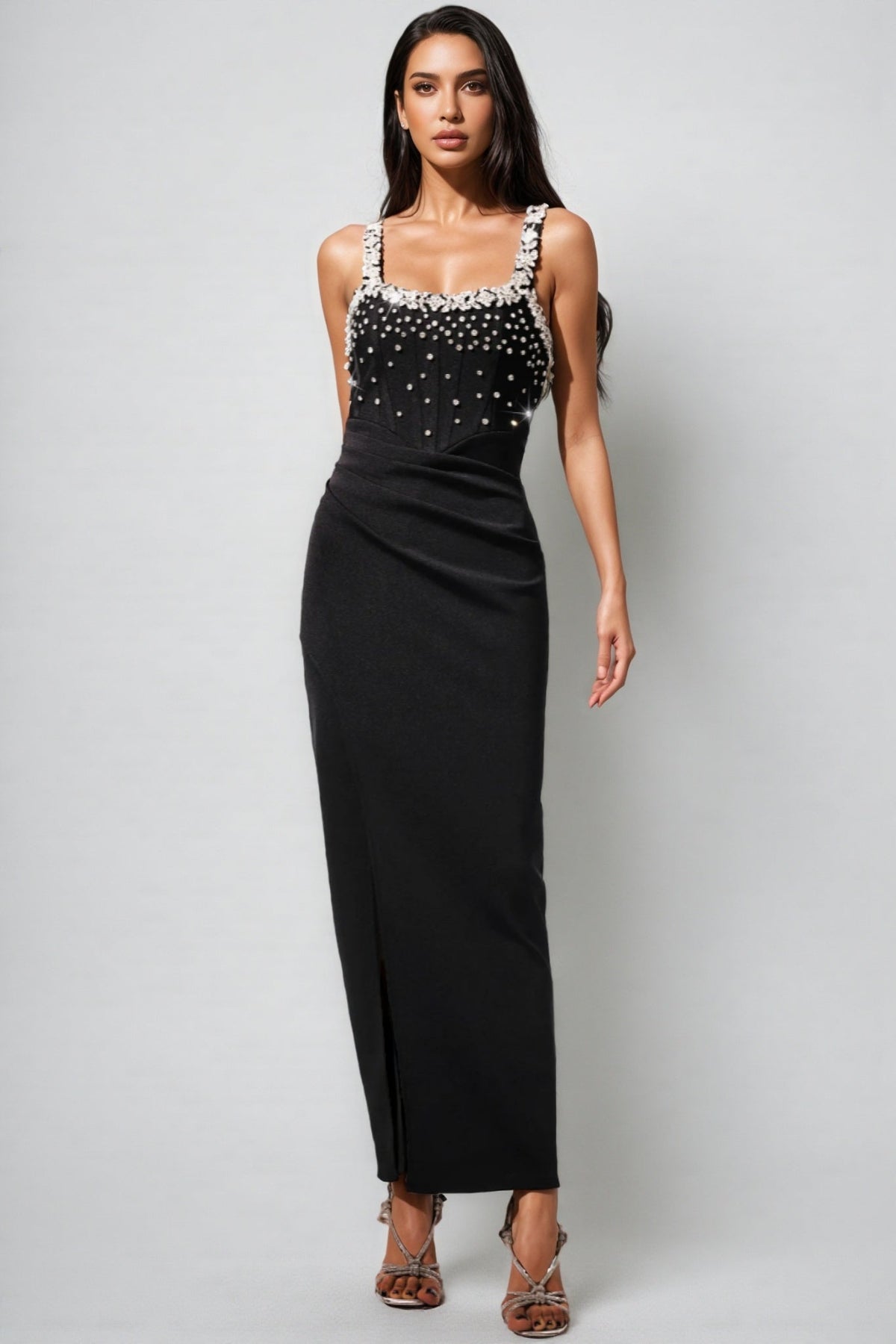Square Neck Faux Pearl Embellished Corset Bodice Ruched Front Slit Maxi Dress