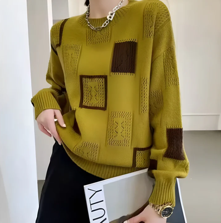 Crew Neck Patchwork Pointelle Knit Sweater 6