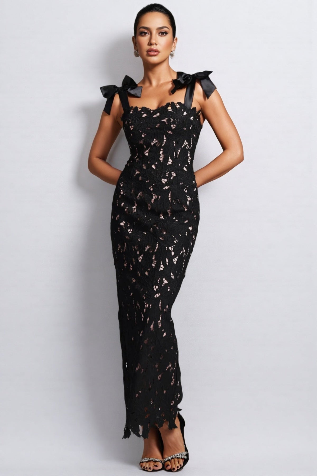Guipure Lace Bow Strap Square Neck Scalloped Hem Maxi Dress
