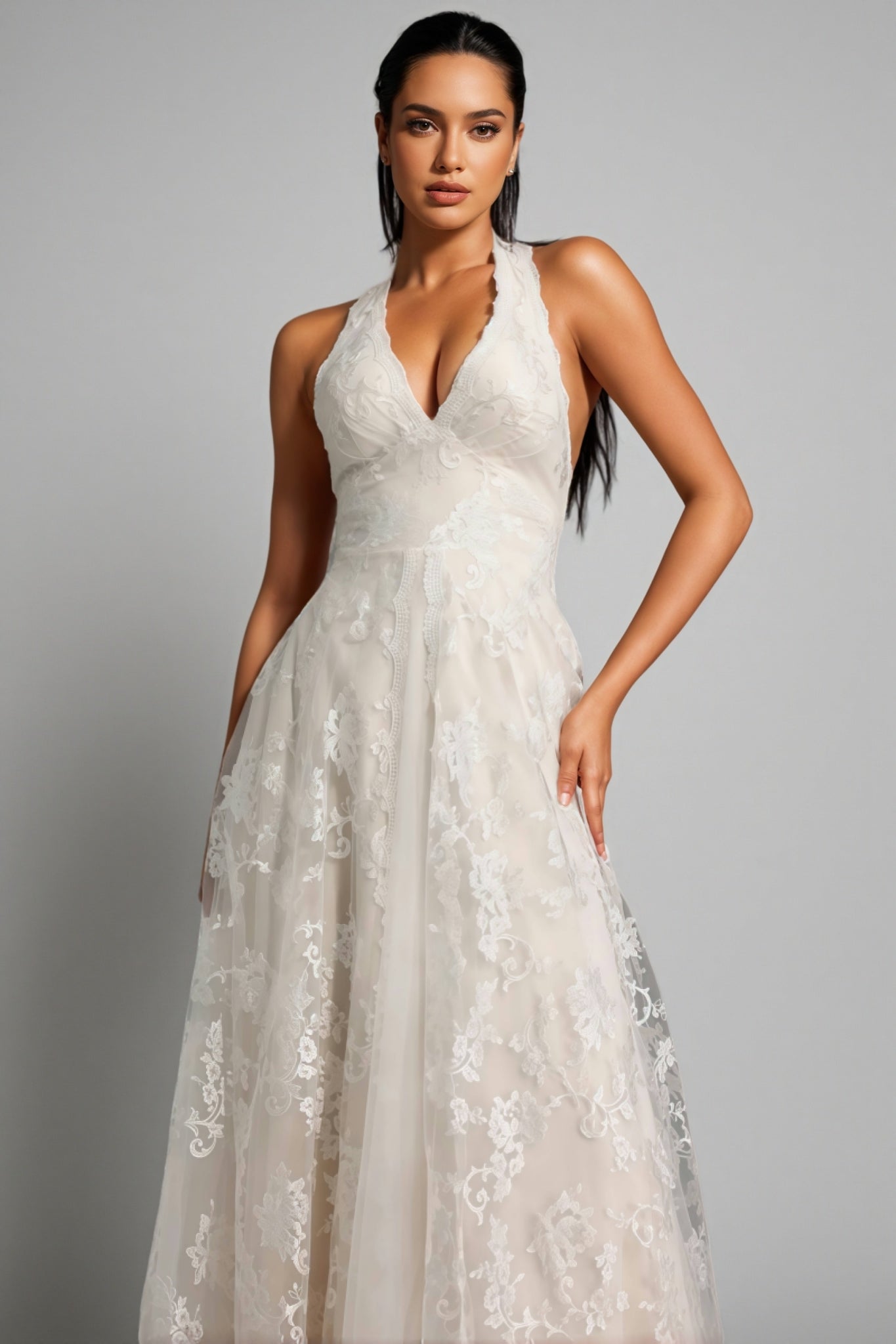 Albine Halter Sleeveless V-Neck Lace Maxi Dress - View 2