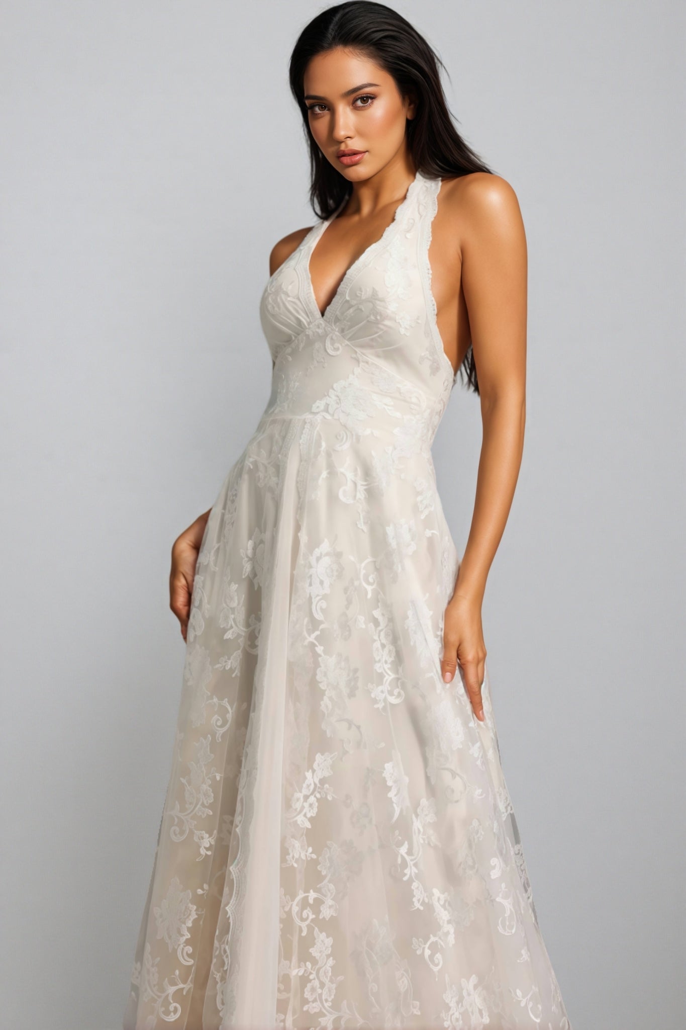 Albine Halter Sleeveless V-Neck Lace Maxi Dress - View 3