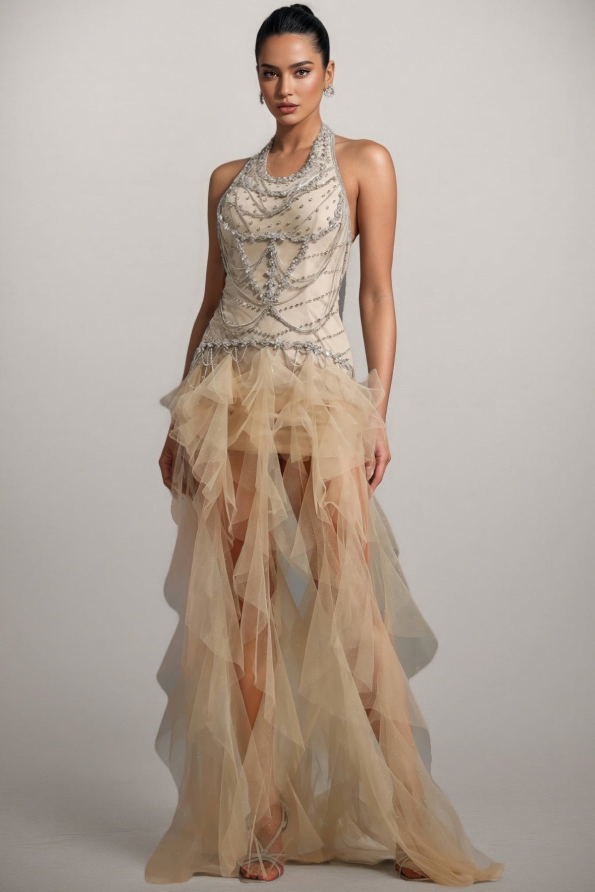 Halter Neck Rhinestone Beaded Bodice Ruffled Tulle Maxi Dress