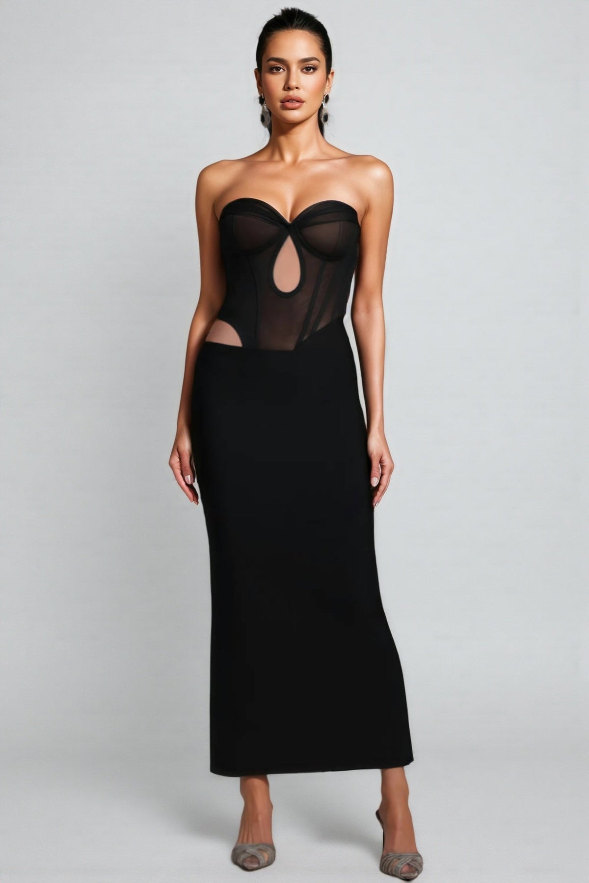 Strapless Sheer Mesh Corset Keyhole Cut Out Bodycon Maxi Dress