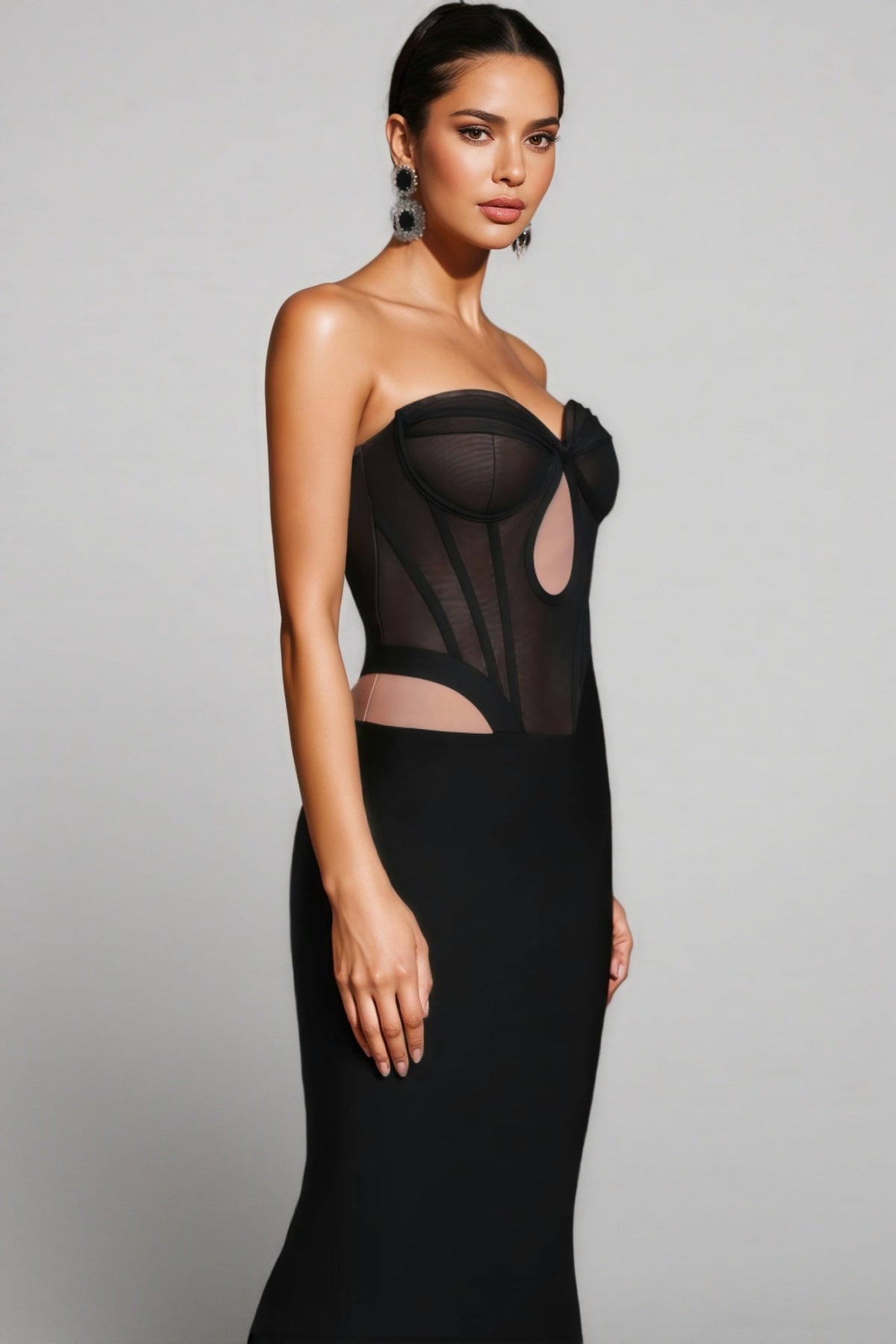 Strapless Sheer Mesh Corset Keyhole Cut Out Bodycon Maxi Dress 2