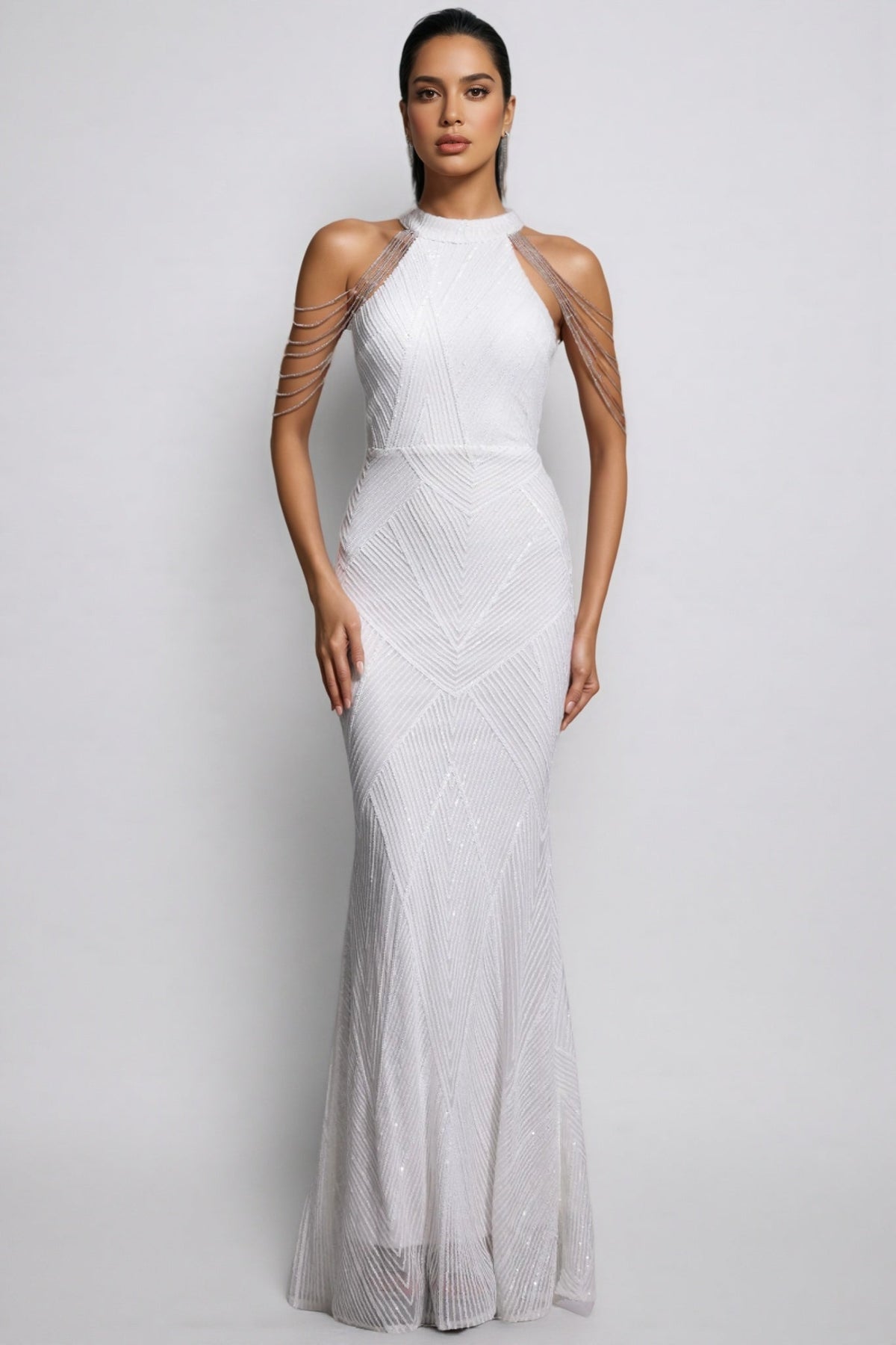Sequin Halter Neck Beaded Chain Shoulder Mermaid Maxi Gown