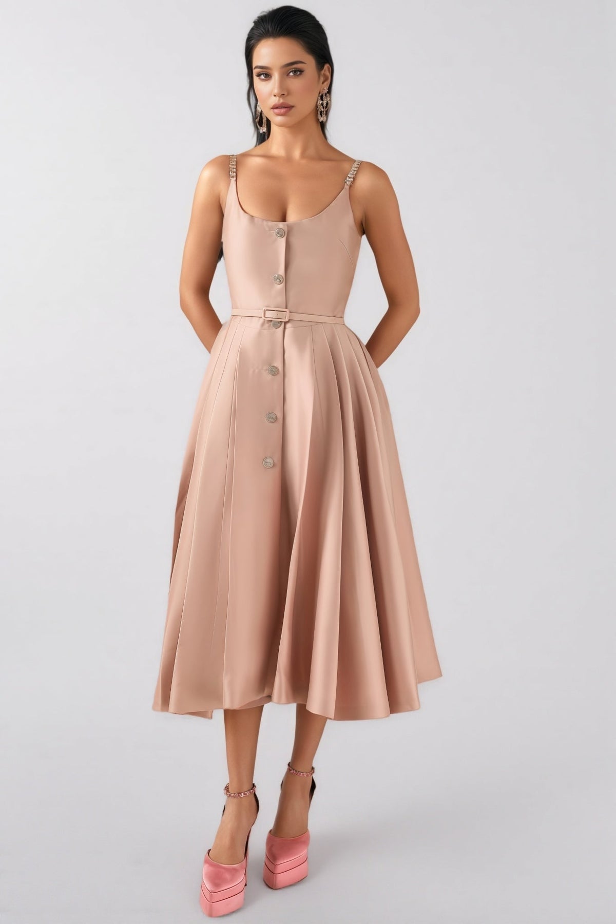 Scoop Neck Rhinestone Strap Button Front Belted Pleated Satin Midi Dress